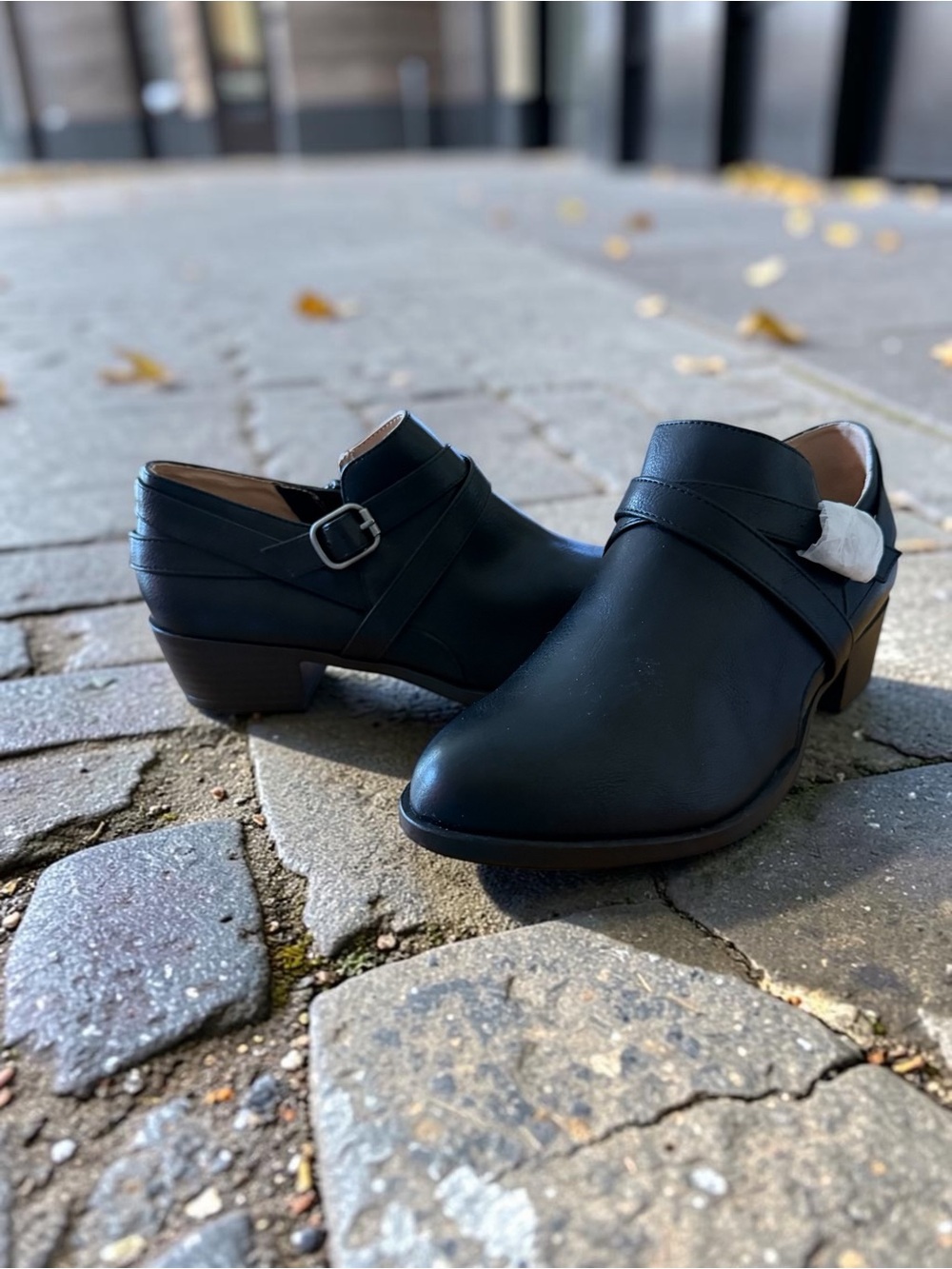 Life Stride Black Low Heel Ankle Booties with Buckle Strap